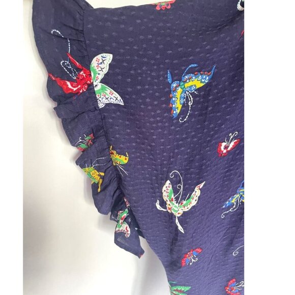 Anthropologie Blouse Womens Medium Blue Butterfly Short Sleeve Button Peplum Hem - Picture 6 of 14